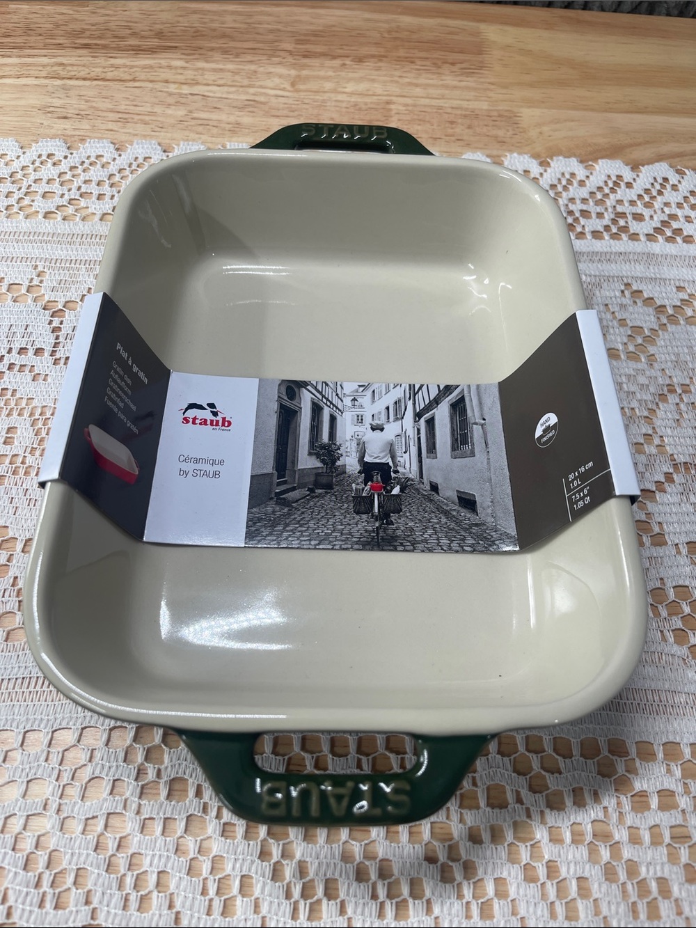Staub Cream Interior Ceramic Baking Dish with Green Handles